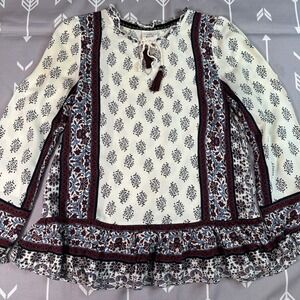 Knox Rose Boho Paisley Print‎ Tassel Tie Neck Long Sleeve Peasant Blouse Size M